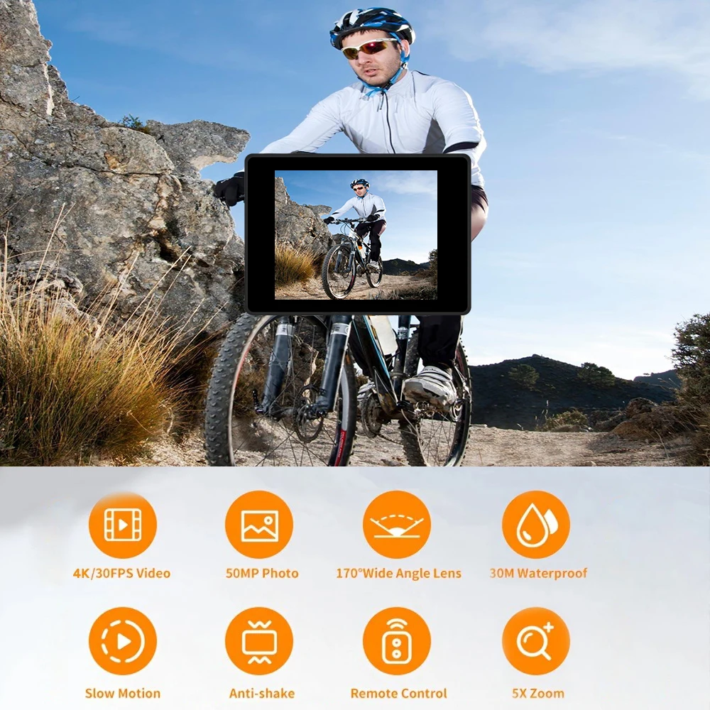 كاميرا الحركة 4K WiFi 2.0 بوصة تسجيل الفيديو 30 متر مقاوم للماء دراجة نارية شاشة تعمل باللمس 140 °   كاميرات رياضية بزاوية واسعة