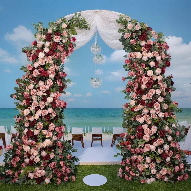 

2.3M Artificial Green Plants Red Horn Flower Arrangement Wedding Stage Background Decoration Embroidered Ball Rose Arrangement