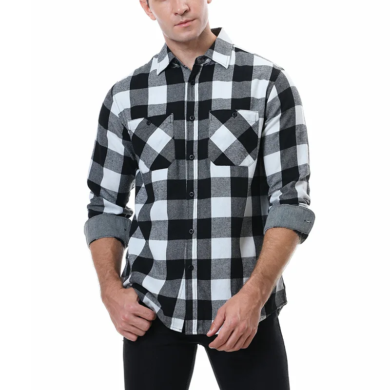 Men\'s Long Sleeve Plaid Shirt Pure Cotton Casual Front Patch Chest Pocket Regular-fit Button-down Collar Flannel Frosted Shirt