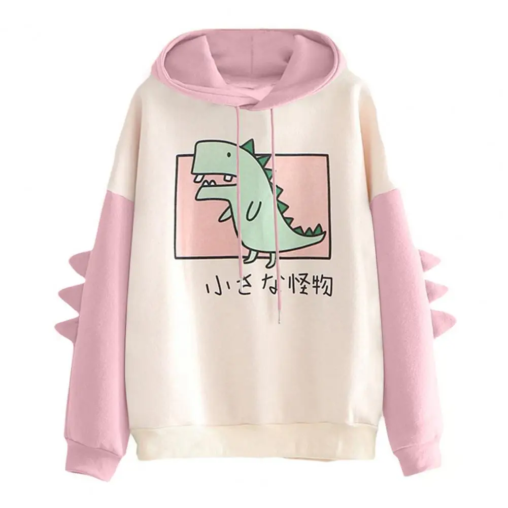 Hoodie kartun wanita Hoodie Kawaii Harajuku cetak dinosaurus Hoodie mode Jepang warna blok hangat ukuran besar Sweatshirt bertudung