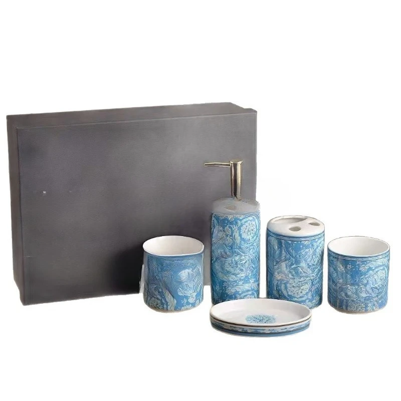 

High value light luxury ceramic bathroom five-piece set bone china mouth cup hand washing bottle gift box