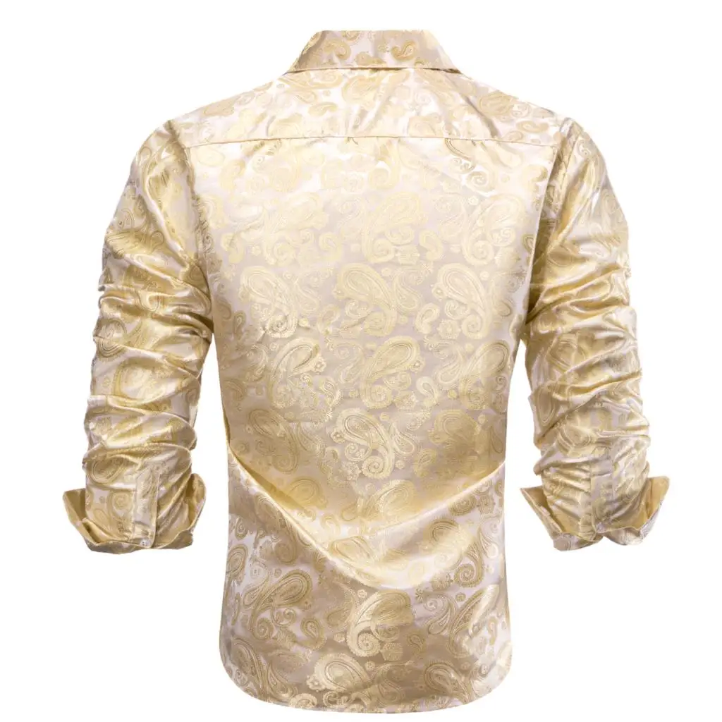 Hi-Tie Gold Beige Ivory Champagne Silk Mens Shirts Lapel Long Sleeve Dress Shirt Jacquard Blouse for Male Wedding Business Prom