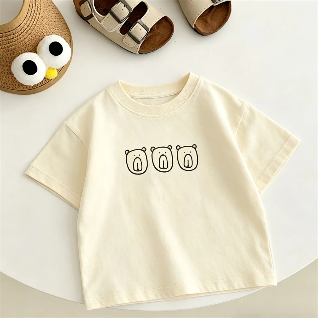 New Child Short Sleeve Lovely Cartoon Printed Tops Loose Casual Summer Clothes Thin All-match Tops Kids Crewneck Base Shirt
