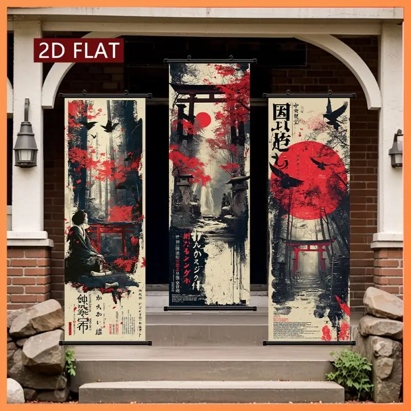 VIKAMA Shrine Raven Crimson Sun Wall Tapestry Japanese Calligraphy Distressed Poster Scroll Art Home Decor Cute Kawaii Soft Cozy