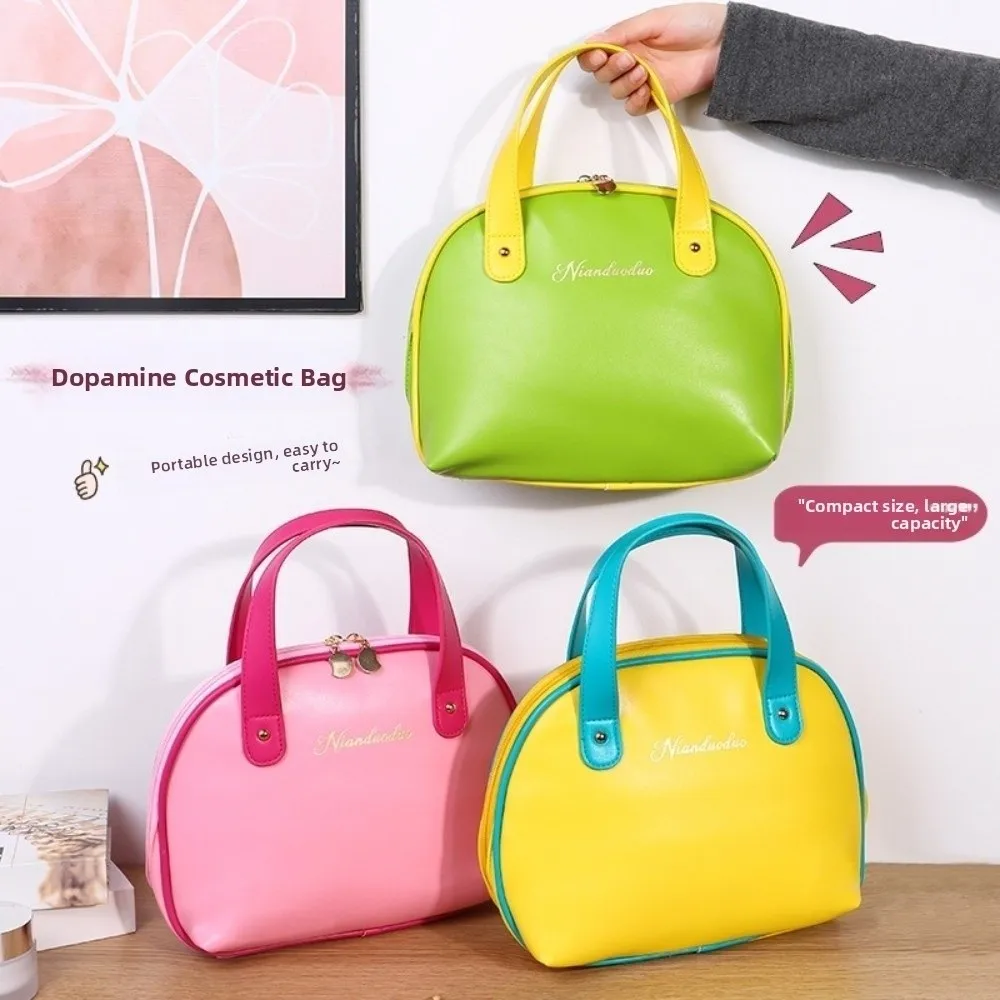 

Large Capacity PU Cosmetic Bag Storage Container Dopamine Color Handheld Make Up Bag With Compartments Waterproof Washing Bag