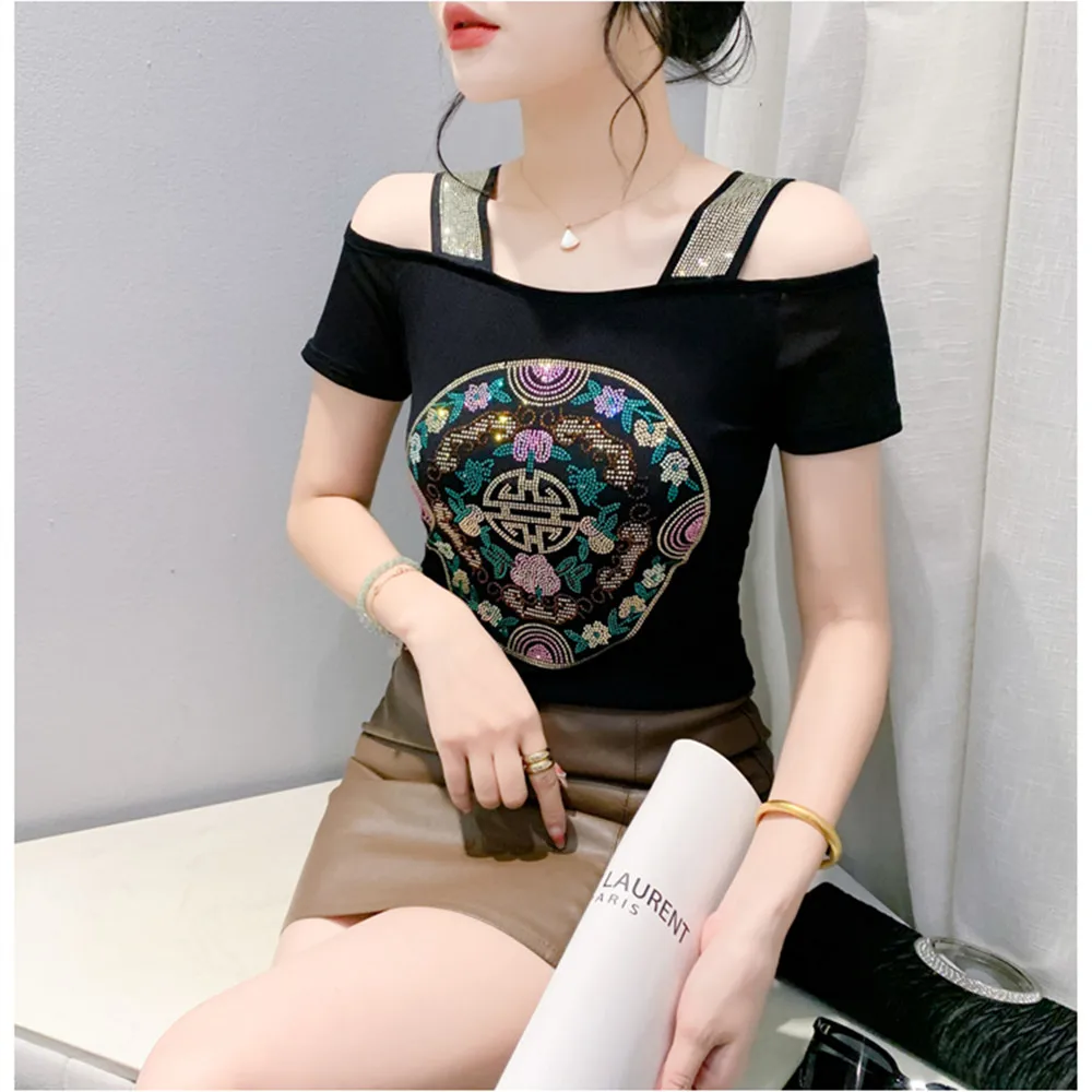 Summer New Short Sleeved Sexy Off Shoulder T-Shirt Street wear Girl Hot Drilling Mesh Tops Female Clothes