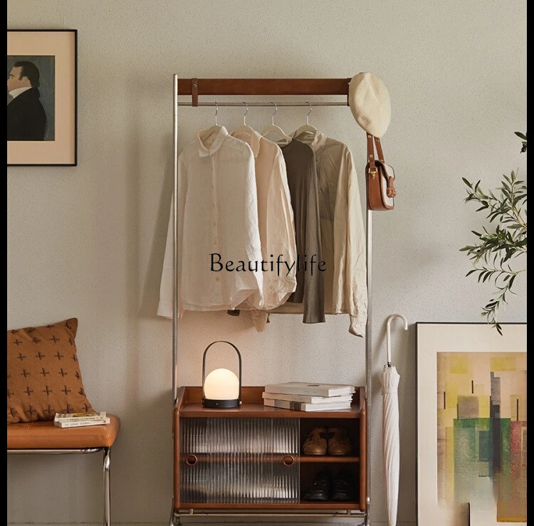 

Nordic Retro Solid Wood Coat Rack Floor-standing Mobile Multi-functional Stainless Steel