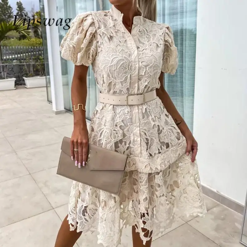 Summer Bubble Sleeve Lace Elegant Dress Fashion Jacquard Crochet Women Dress Ladies Solid Color Single Breasted A-Line Dress New