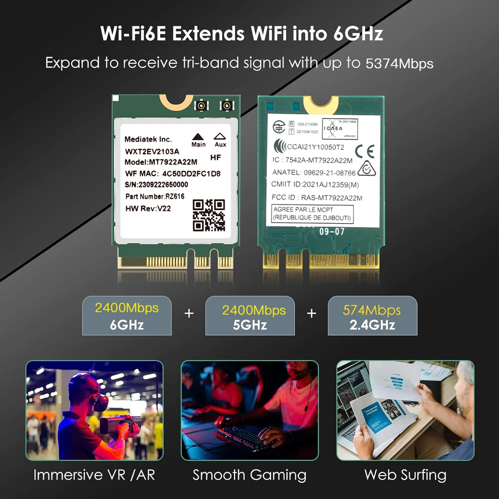 MT7922 Wifi 6E 5400Mbps Network Card M.2 NGFF Wireless Adapter Bluetooth 5.2 Tri-Band 802.11AX/AC Wi-fi for Windows 10 11