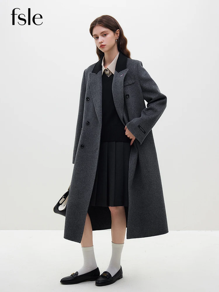 

FSLE 100% Wool Temperament Dark Grey Women Front Shoulder Long Woolen Coats Notched Collar Double Breasted Female Wool Jackets