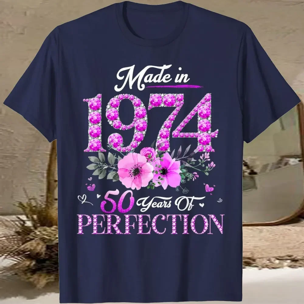 Born in 1974 Floral 50  50 Years Tee Old Birthday 50th Gift Women T-Shirt 1974 50th Birthday Queen Diamond 100% Cotton TShirt