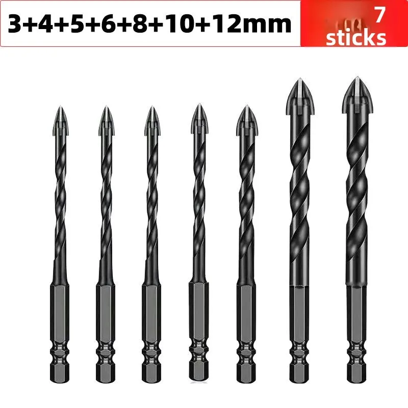 7pcs  High Hardness Four Edged Serrated Eccentric Dry Drill Bit Tile Glass Marble Concrete Stainless Steel Drilling Tool