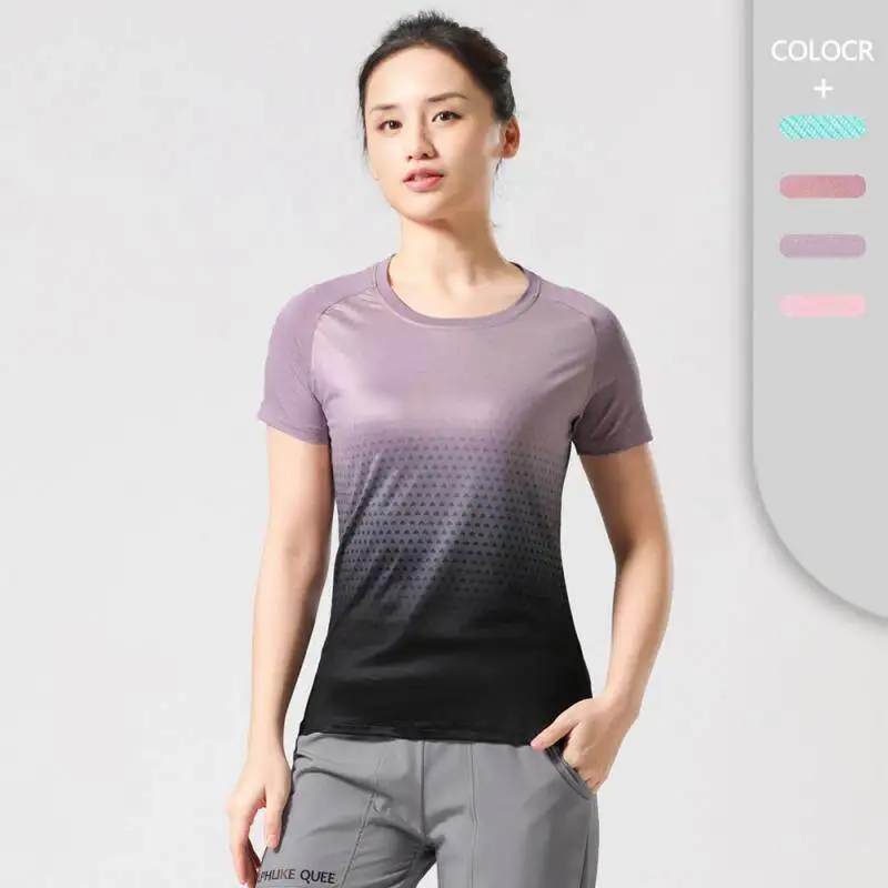 Gradient Color Quick Dry Sport T-shirt Women Slim Gym Workout Hiking Short Sleeve Tees Shirt Running Yoga Fitness Tops MM710