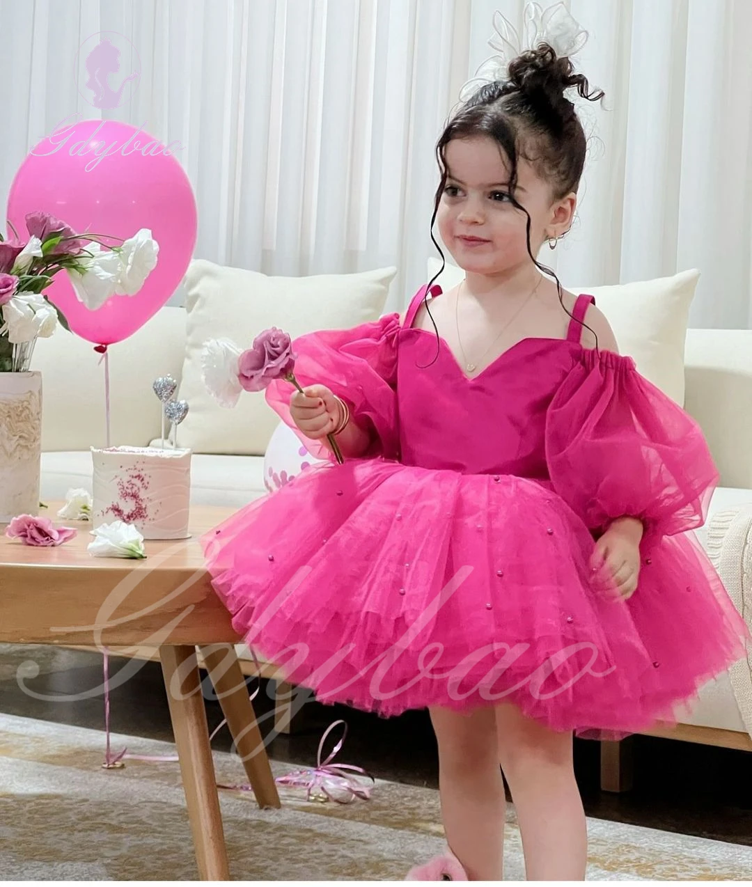 Abito da ragazza di fiore rosa caldo per bretelle da sposa Tulle gonfio con fiocco Abiti da ballo per prima comunione per feste di compleanno per bambini