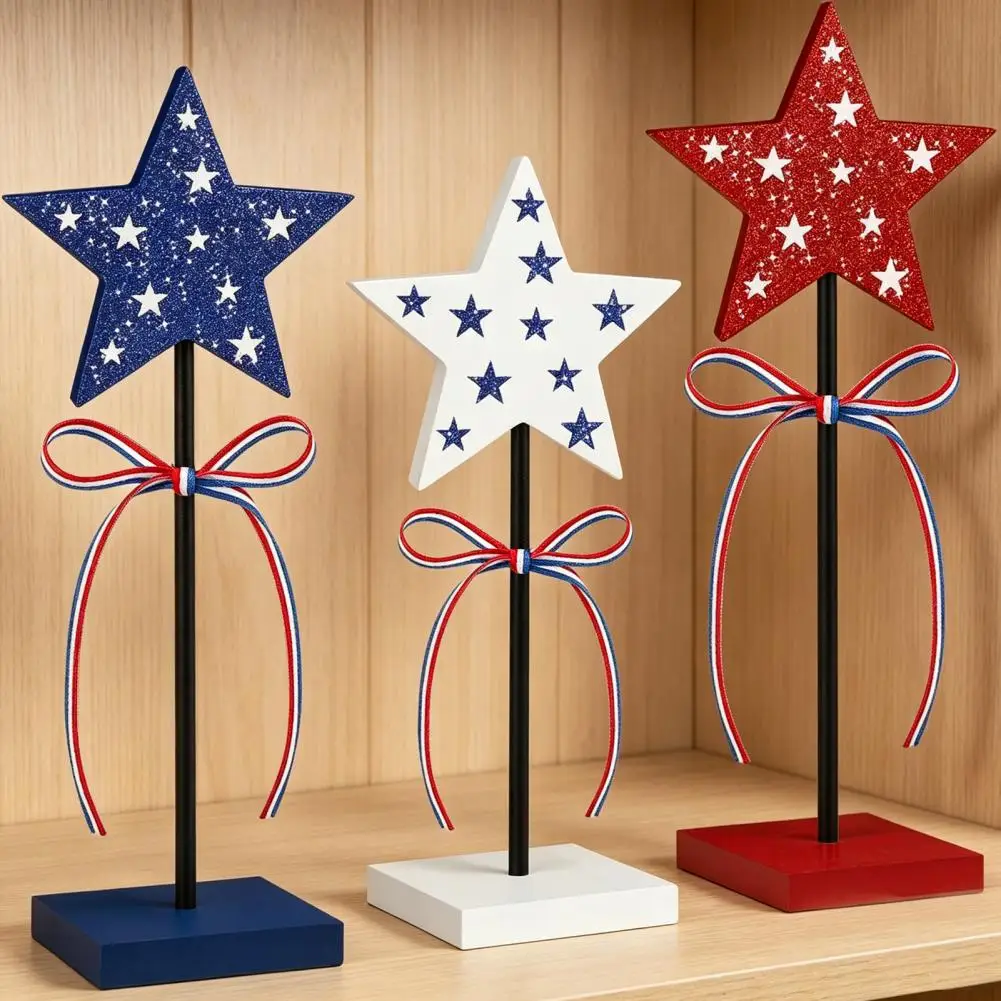 3 Pcs 4th of July Wooden Star Signs, Red White Blue Glitter Patriotic Star Table Centerpiece for Independence Day, Tiered Tray,