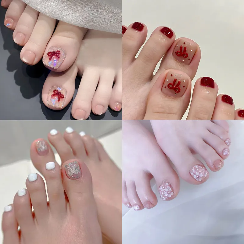 

24pcs Spring Flowers and Grass Toenail Finished Wearable Simple Colorful Full Cover Tips Nails Press on Feet Decor False Nails
