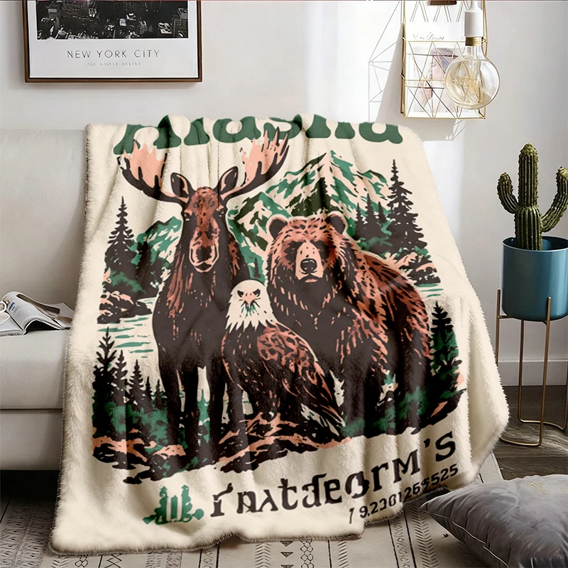 Vintage Alaska Wildlife Flannel Blanket, Retro Moose and Bear Throw, Mountain Hiker Souvenir Gift