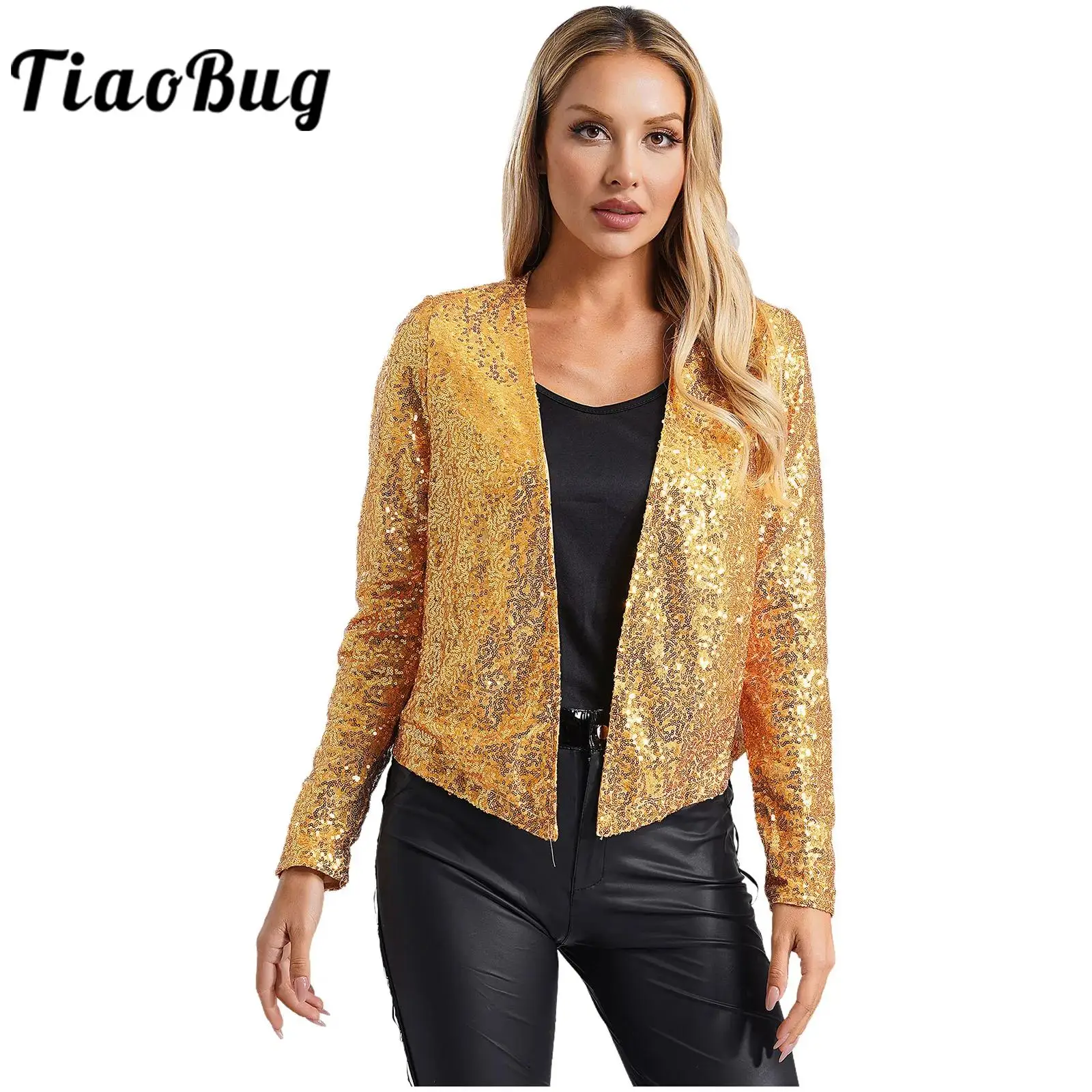 Fashion Womens Glitter Sequined Bolero Jackets Long Sleeve Open Front Cardigan Outerwear Cocktail Evening Party Coats Clubwear