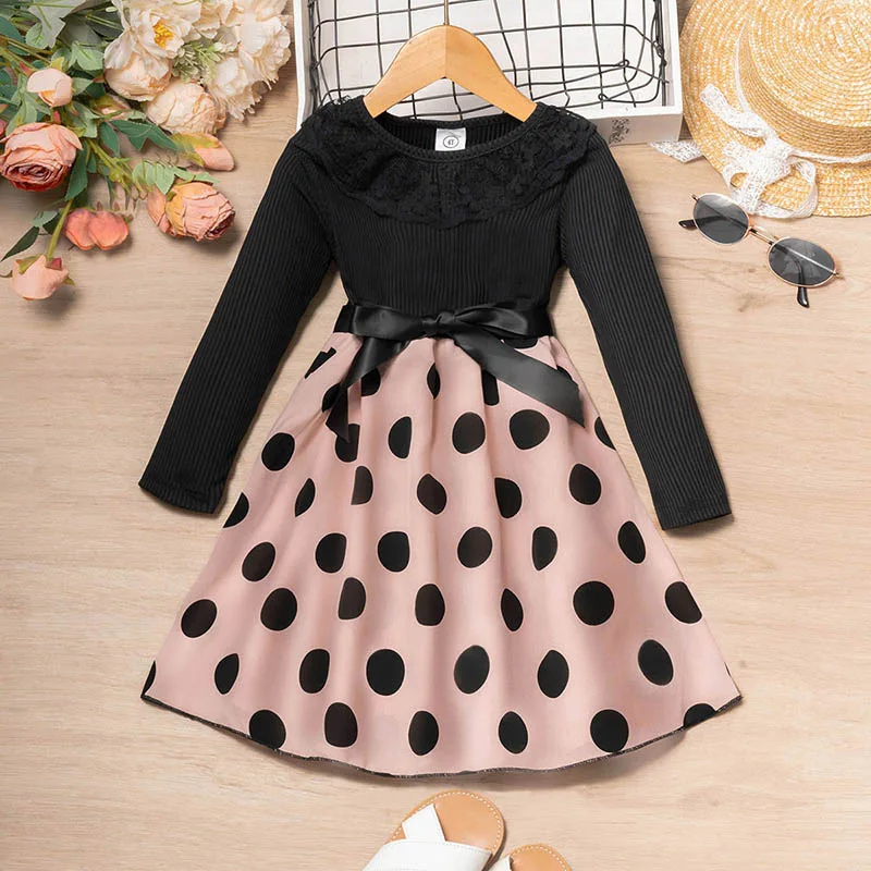 

2023 Winter New Girls Dress Long Sleeve O Neck Sashes Patchwork Dot Pink Cute Designer Girls Princess Dress Vestido 8-12T