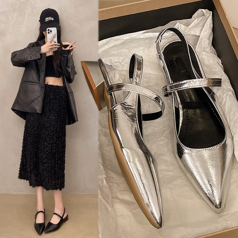 New Women Baotou Patent Leather One Line Buckle Strap Cat Heel Sandals Female Sexy Black Silk Pointed Thin Heel Flat Shoes