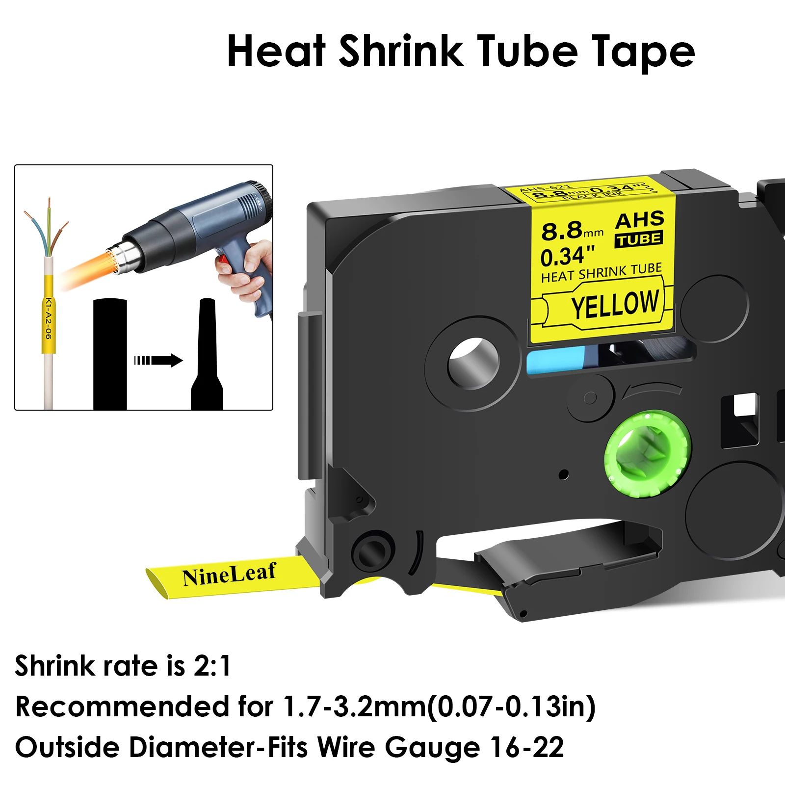 5PK Heat Shrink Tubes 8.8mm Compatible Brother Hse-621 Label Tape Black On Yellow Cartridge Cassette For P-Touch Label Printers