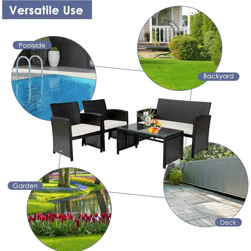 COSTWAY 4 Piece Patio Furniture Set,Outdoor PE Rattan Wicker Sectional Sofa with Cushion Coffee Table,Patio Conversation White