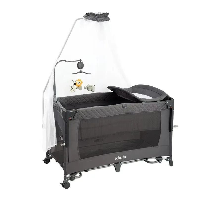 

Портативная складная кроватка-манеж Kidilo 2026 из металла для младенцев и малышей с матрасом и передвижным столиком для новорожденных