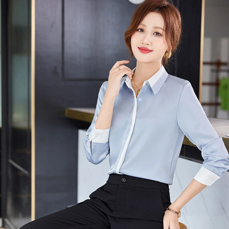 NAVIU Fashion Gray Shirt Women New Spring Temperament Elegant Patchwork Satin Long Sleeve Formal Blouses Office Ladies Work Tops