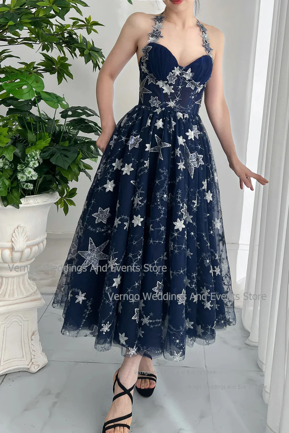 Verngo-Vestidos de Fiesta de tul estrellado, vestido de fiesta de cumpleaños sin mangas, línea A, Halter, escote Corazón, vestido de noche dividido, vestido Formal para ocasiones