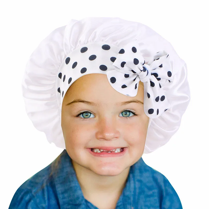 Gorro de satén para niños con estampado, lazos elásticos anchos, cuidado del cabello largo, gorro para dormir de noche, gorro ajustable para peinar el cabello, gorro envolvente para la cabeza