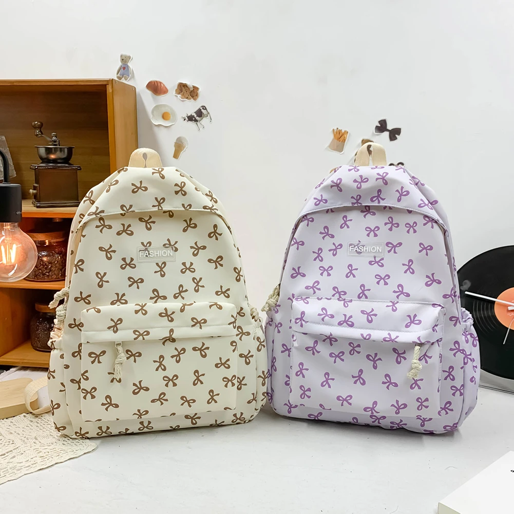 調節可能なストラップ付きトラベルバッグ、ナイロン製学生用バックパック、女の子と女性のためのボウプリントスクールバッグ、ナップサック、リュックサック