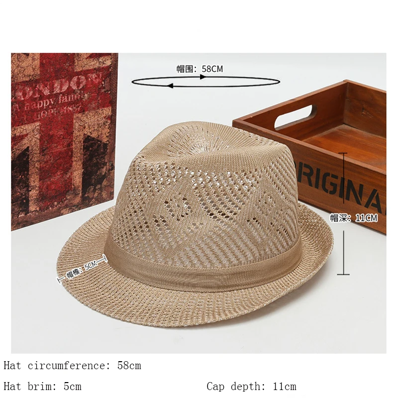 Men\'s Simple Linen Hollow Breathable Refreshing Sun Hat Men Summer Travel Farming Sunscreen Sun Ribbon Straw Jazz Topper Hat W97