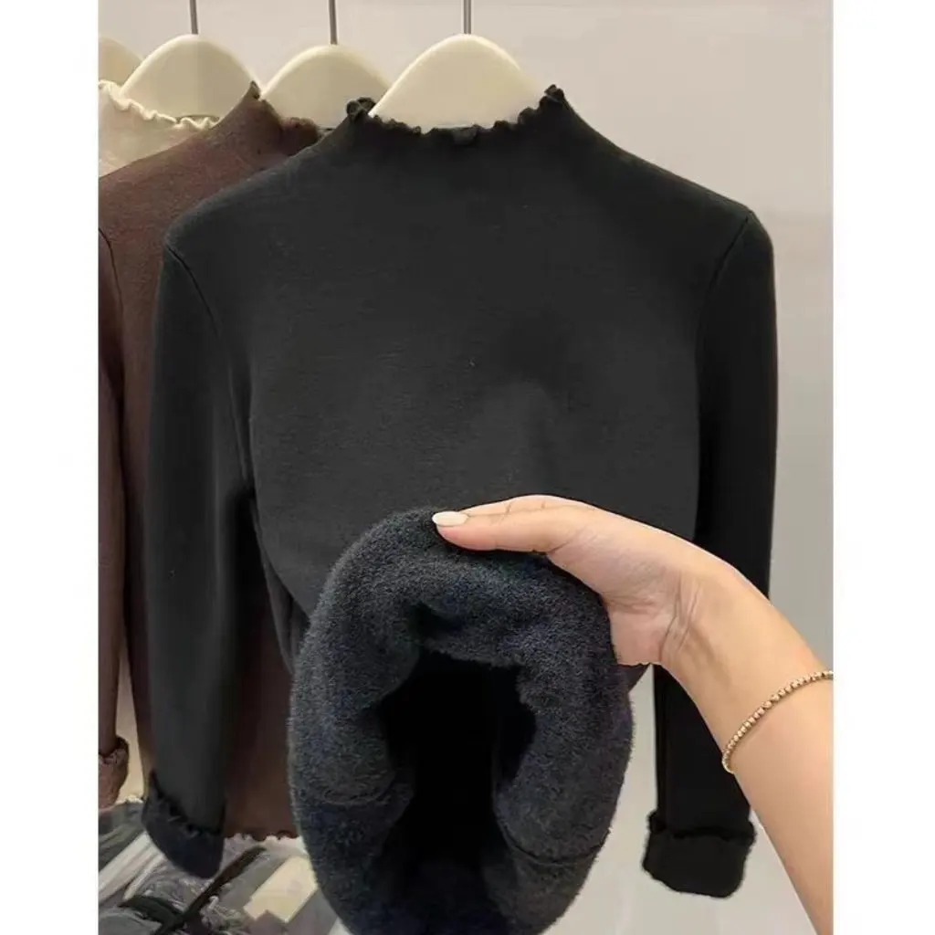 

Women's One-Piece Velvet Lace Sweater Half Turtleneck Warm Knitted Thick Base Solid Color Autumn Winter Inner Top