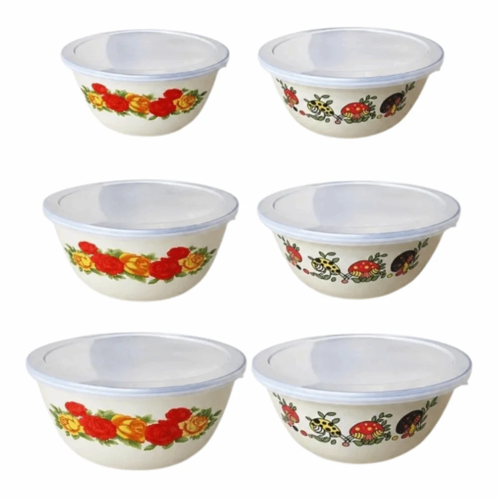 Durable Chinese Rose Print Enamel Bowl with Lid Sealed Enamel Mixing Bowl Floral Heatable Instant Noodle Bowl Outdoor Picnics