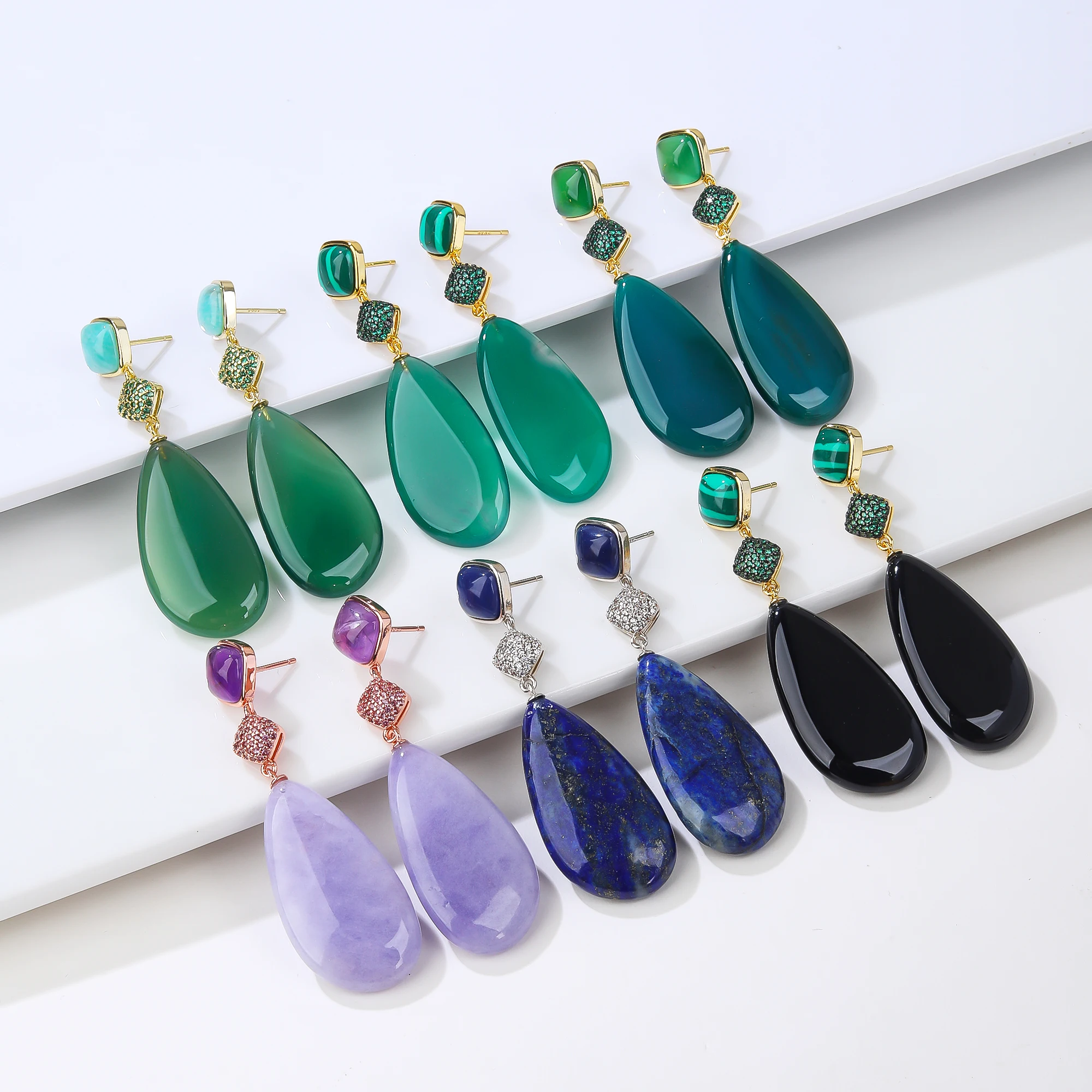 

Vintage Style Green Agate Pendant with Square Shape Stud Earrings Natural Gemstone Drop Earrings
