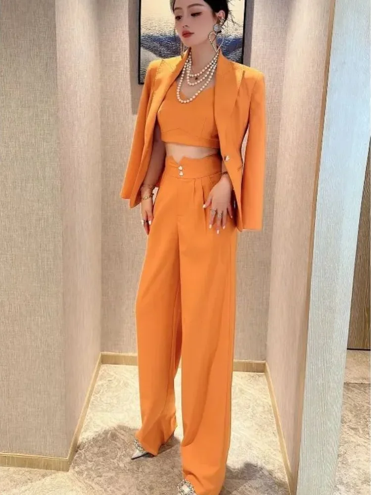 Spring Autumn Blazer and Pant Sets for Women 2 Pieces Suits Orange Korea Stylish Trousers Woman Chic Elegant Clothes with Sleeve