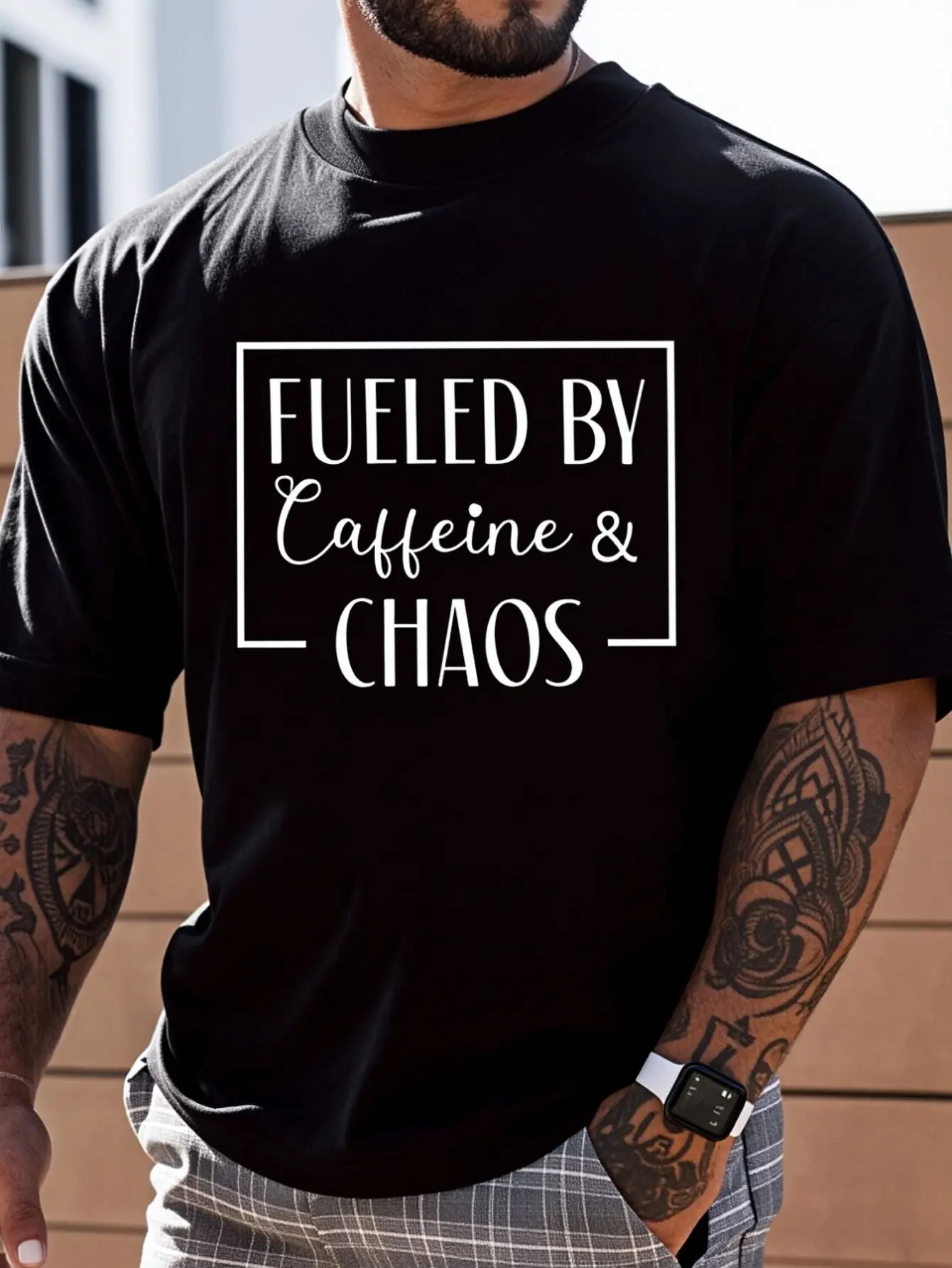100% Cotton Fueled By And Chaos, Funny Mom Coffee Lover T-Shirt Street Hip-Hop Style Men's T-Shirt