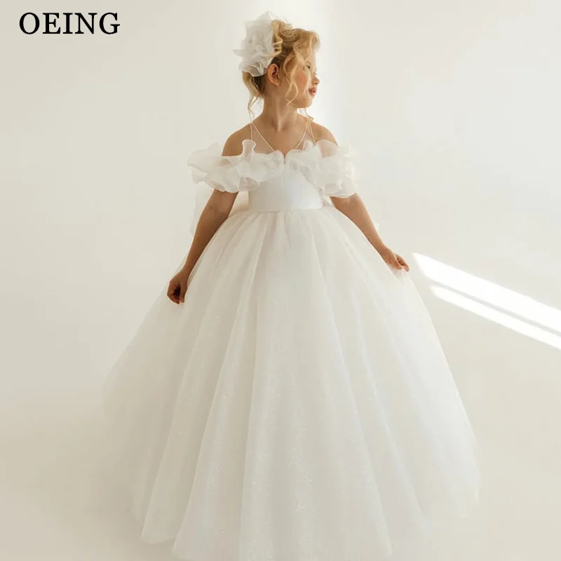 OEING Simple Ivory Ball Flower Girl Dresses Off Shoulder Ruched Ruffle Wedding Party Dress Princess Birthday Dress Customized