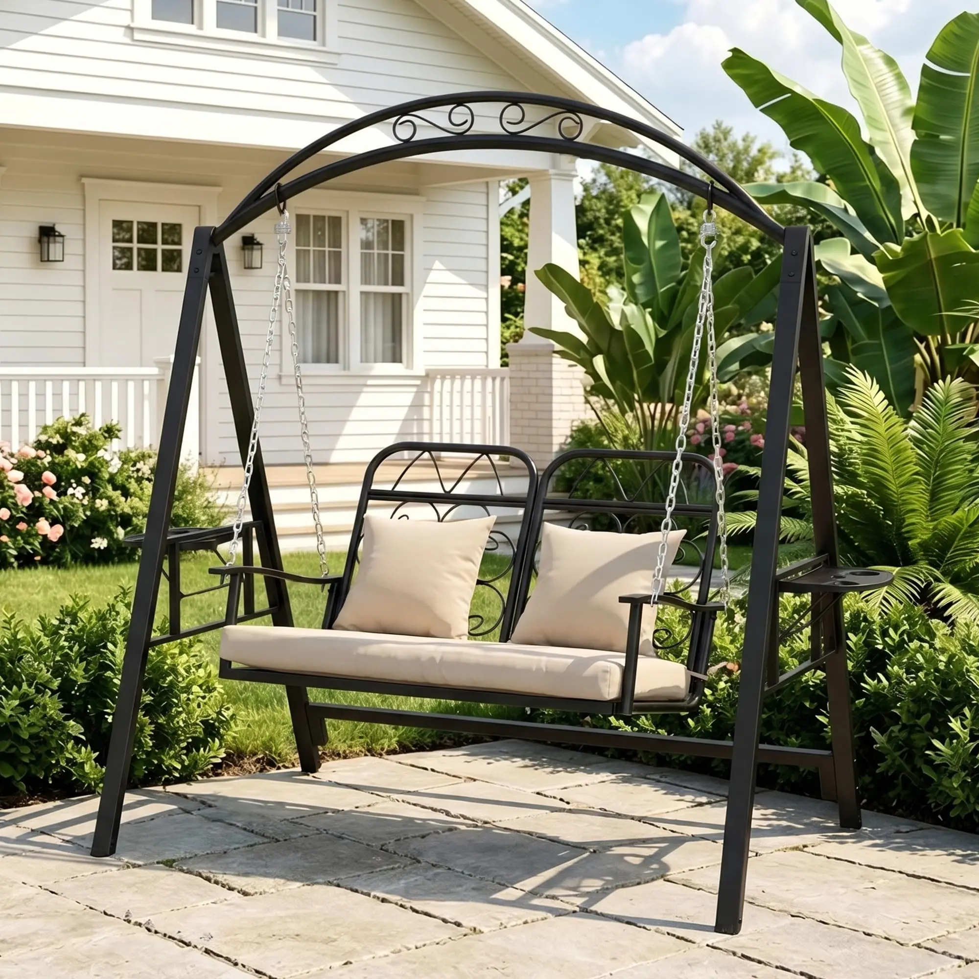 Porch Swing with Stand, 700 LBS Double Outdoor Patio Swing Chair | Heavy-Duty Metal Frame Outdoor Swing W/Foldable Side