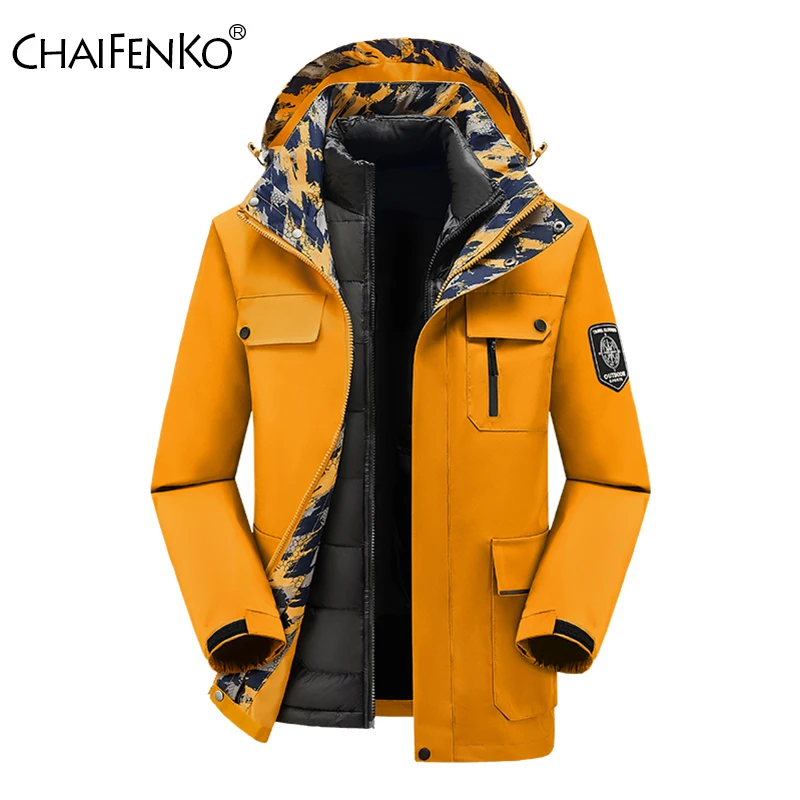 Outdoors Men Keep Warm Three In One Tops Winter Fashion Removable Hat Casual Comfort  Parka New Windproof Breathable Solid Coat