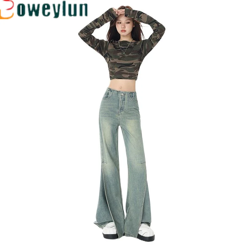 

Boweylun High Waisted Slit Micro Flared Jeans for Women Autumn Loose Straight Leg Full Length Pants Female