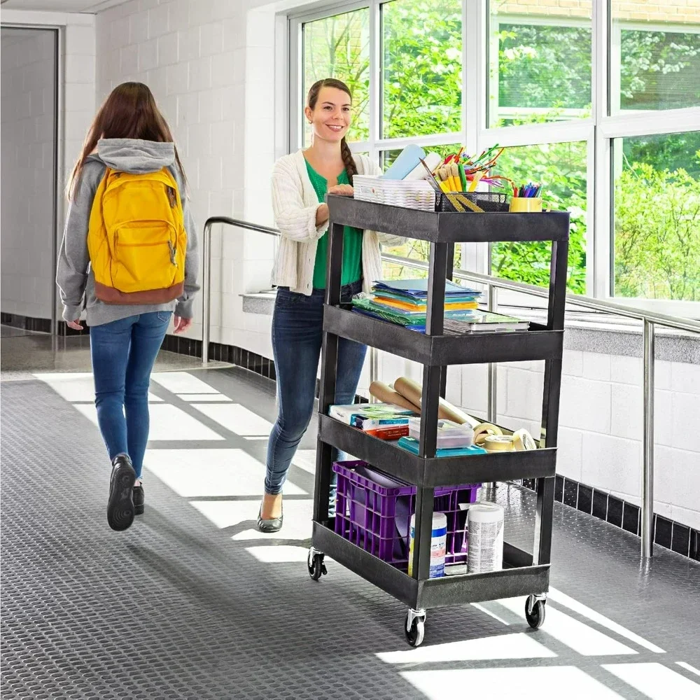 Utility Cart, Heavy-Duty Plastic Service Pushcart with Deep Shelves and 4" Casters, for Offices, Warehouse Storage, Lab Carts