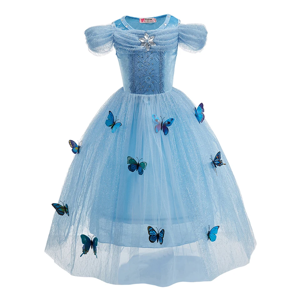 Little Girls Princess Style Cosplay Butterfly Decoration Blue Ball Gown Children Carnival Birthday Party Fancy Performance Dress