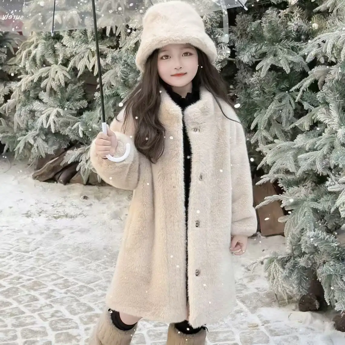 

2026 New Style One-Piece Mink-like Fur Girl's Coat Fashionable Children's Warm Thickened Fur Overcoat Medium-Length