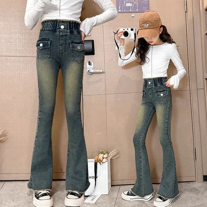 

Girls Denim Flared Pants for Fashion Vintage Slimming Casual Teenage School Kids Jeans Autumn 10 12 14Years Children Trousers