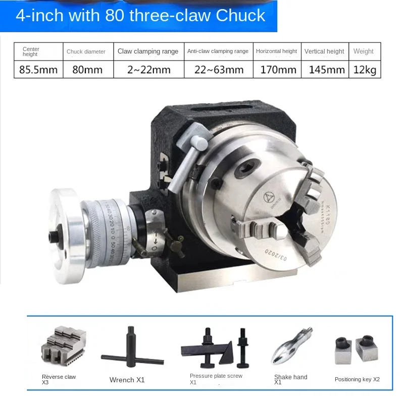4 Inches Rotary Table Indexing Head with Universal 3-Jaw Chuck for Vertical And Horizontal Metalworking Operations