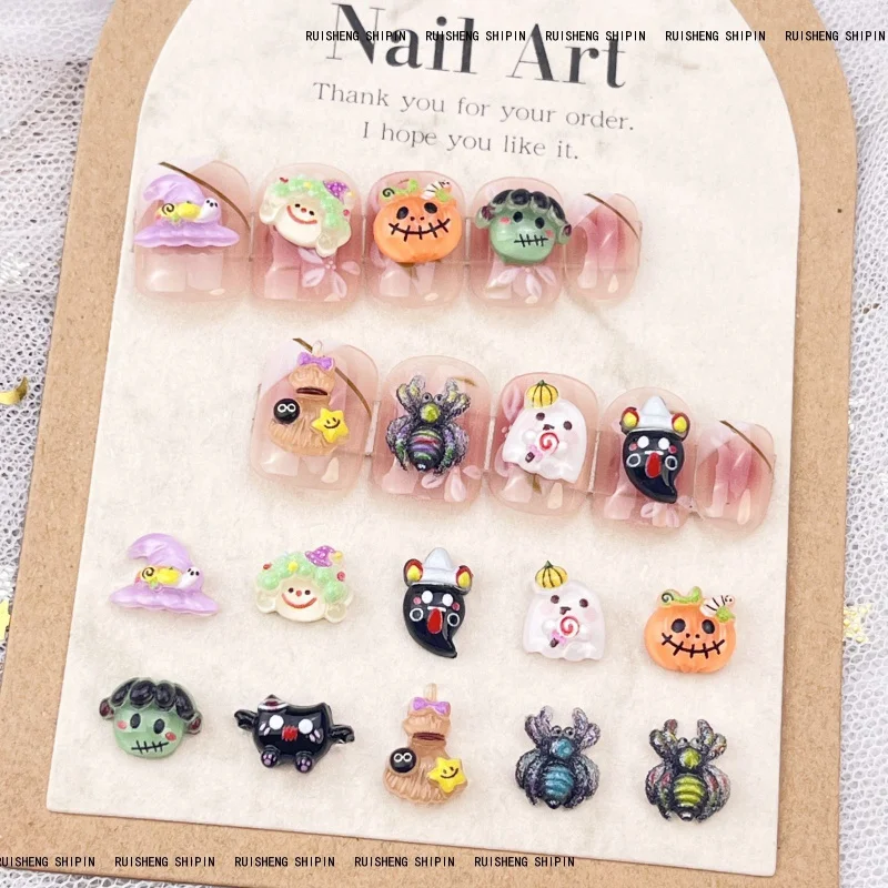 LYLE 20Pcs Halloween Cartoon Nail Art Charms Funny Clown Pumpkin Witch Hat Spider 3D Resin Flatback DIY Wearable Decor Mixed Set