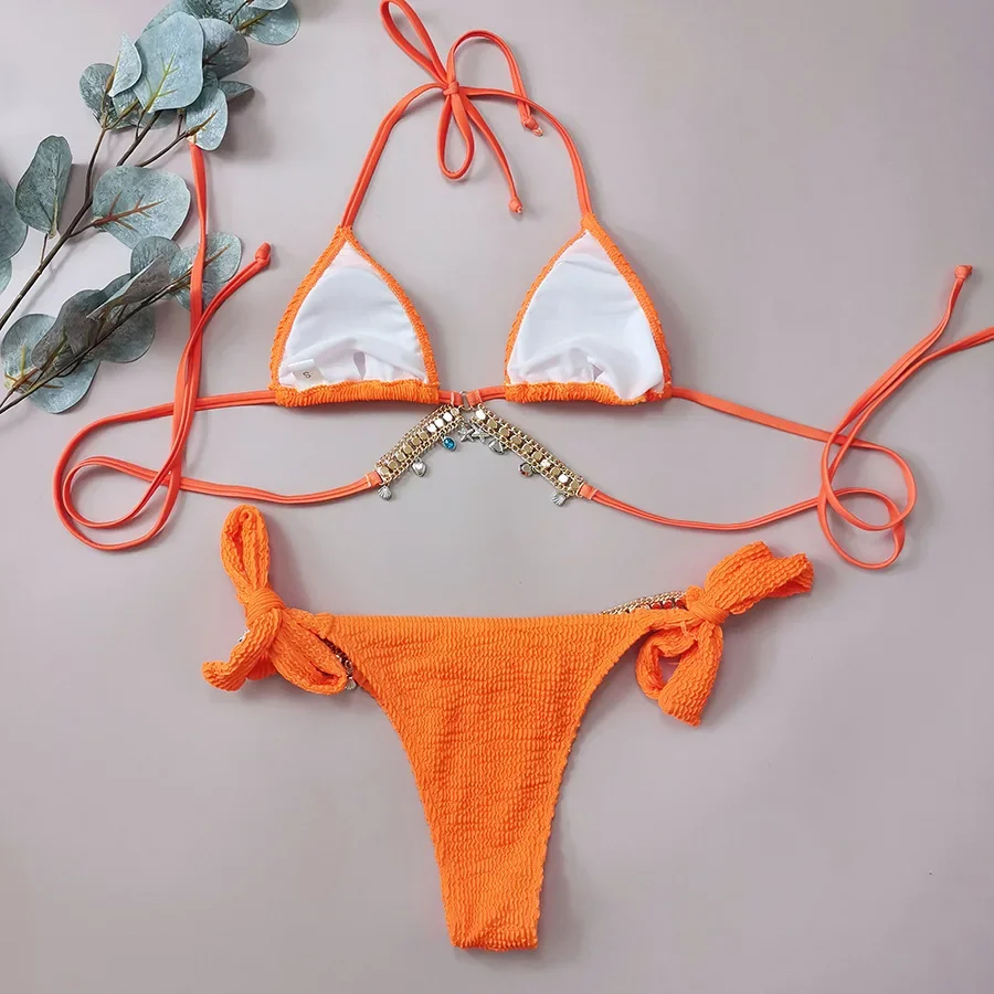 

Однотонный оранжевый купальник женский 2025 сексуальный роскошный бикини с бриллиантами на шнуровке стринги из 2 предметов купальник с открытой спиной пляжный купальный костюм YSM 230359