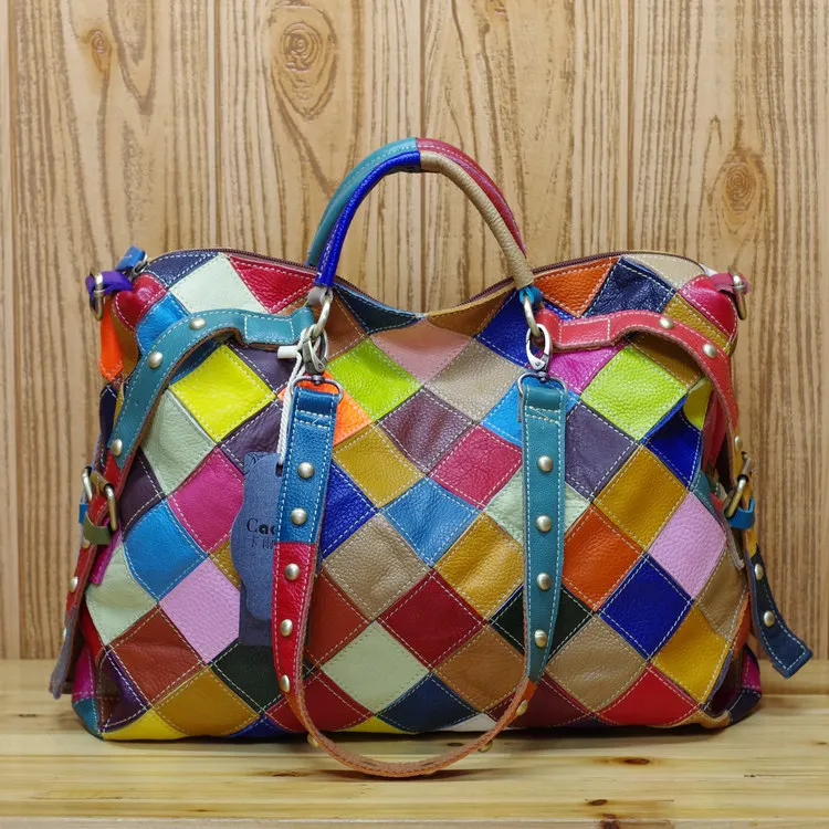 

Trendy Color Block Leather Shoulder Bag for Women with Rivets Checks Pattern New Style Handbag Soft Handle Casual Crossbody
