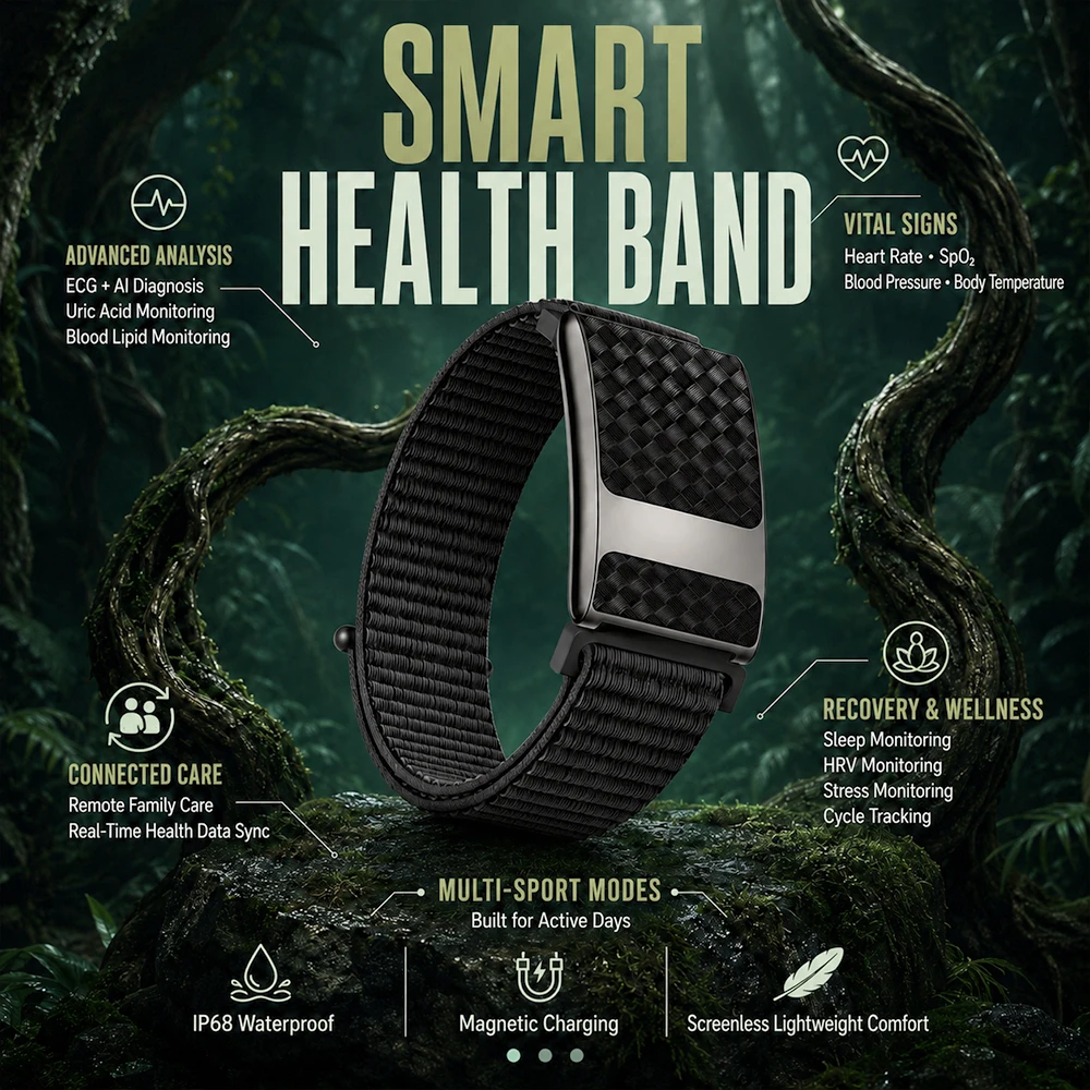 2026 New Flexible Smart Wristband Screen Health Monitor Sleep SpO2 HRV Blood Pressure GPS Sports Tracking 3ATM Fitness Band